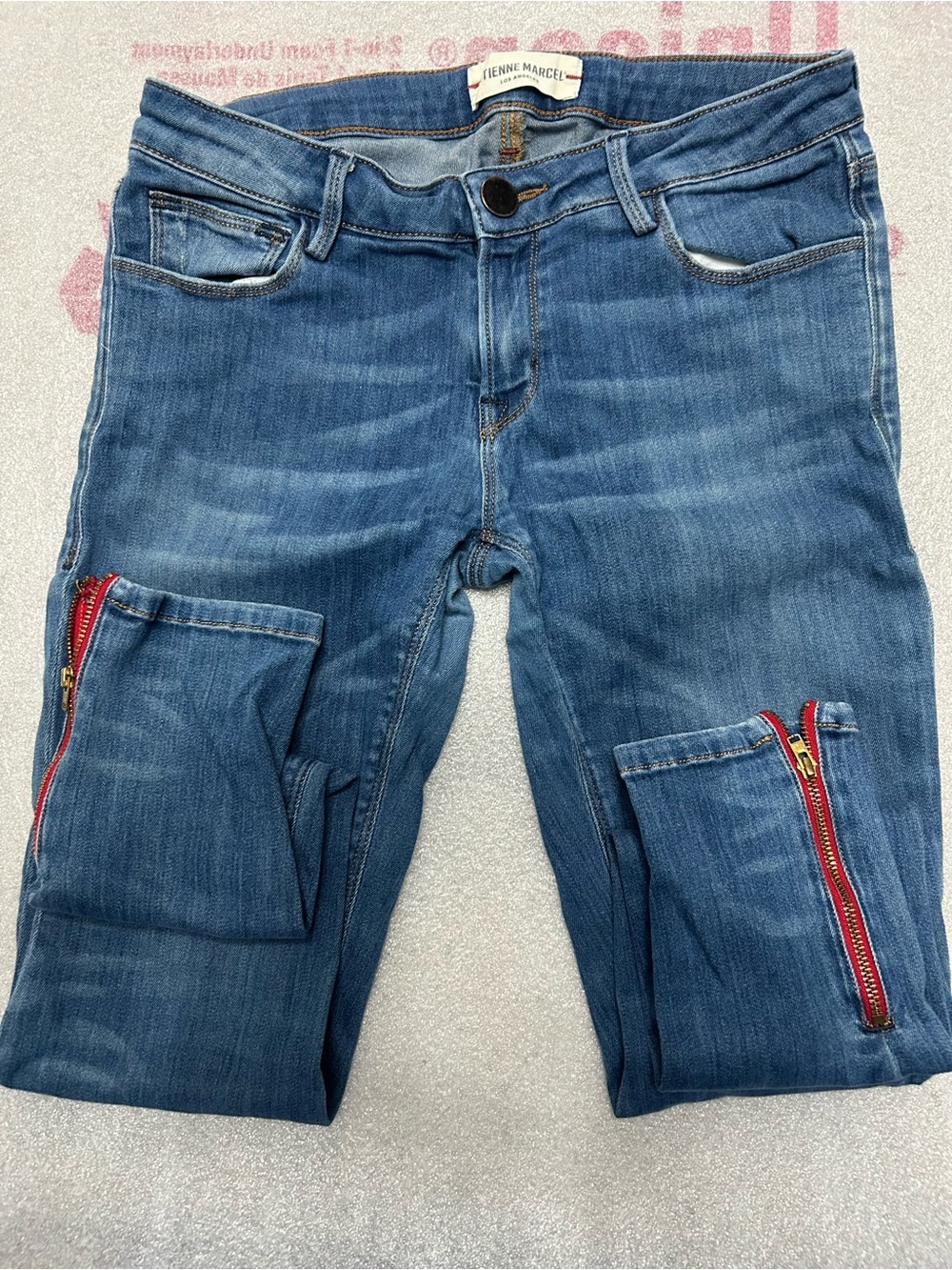 Etienne Marcel Blue Skinny Jeans with Red Zip Accents